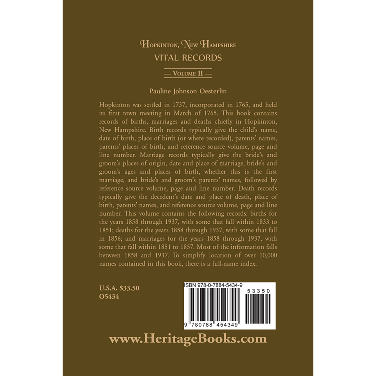 Hopkinton, New Hampshire, Vital Records, Volume 2 [paper] back cover