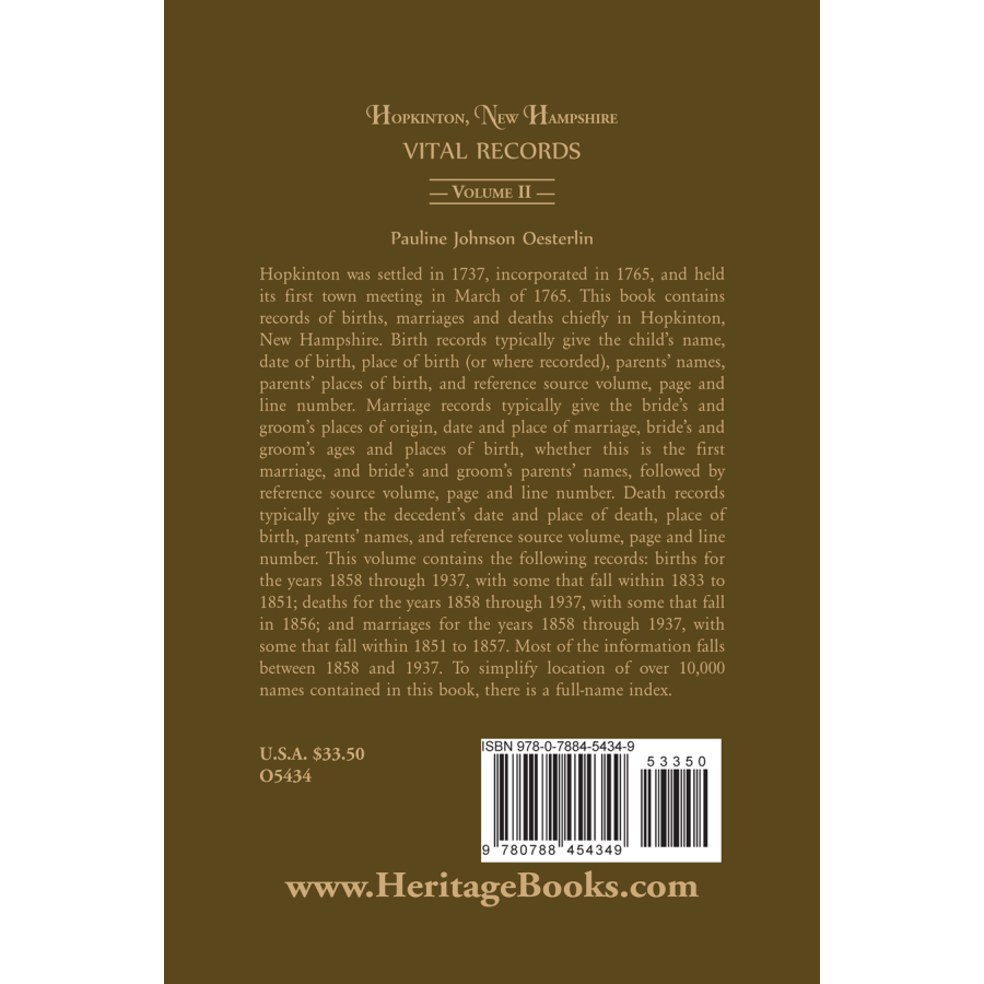 Hopkinton, New Hampshire, Vital Records, Volume 2 [paper] back cover