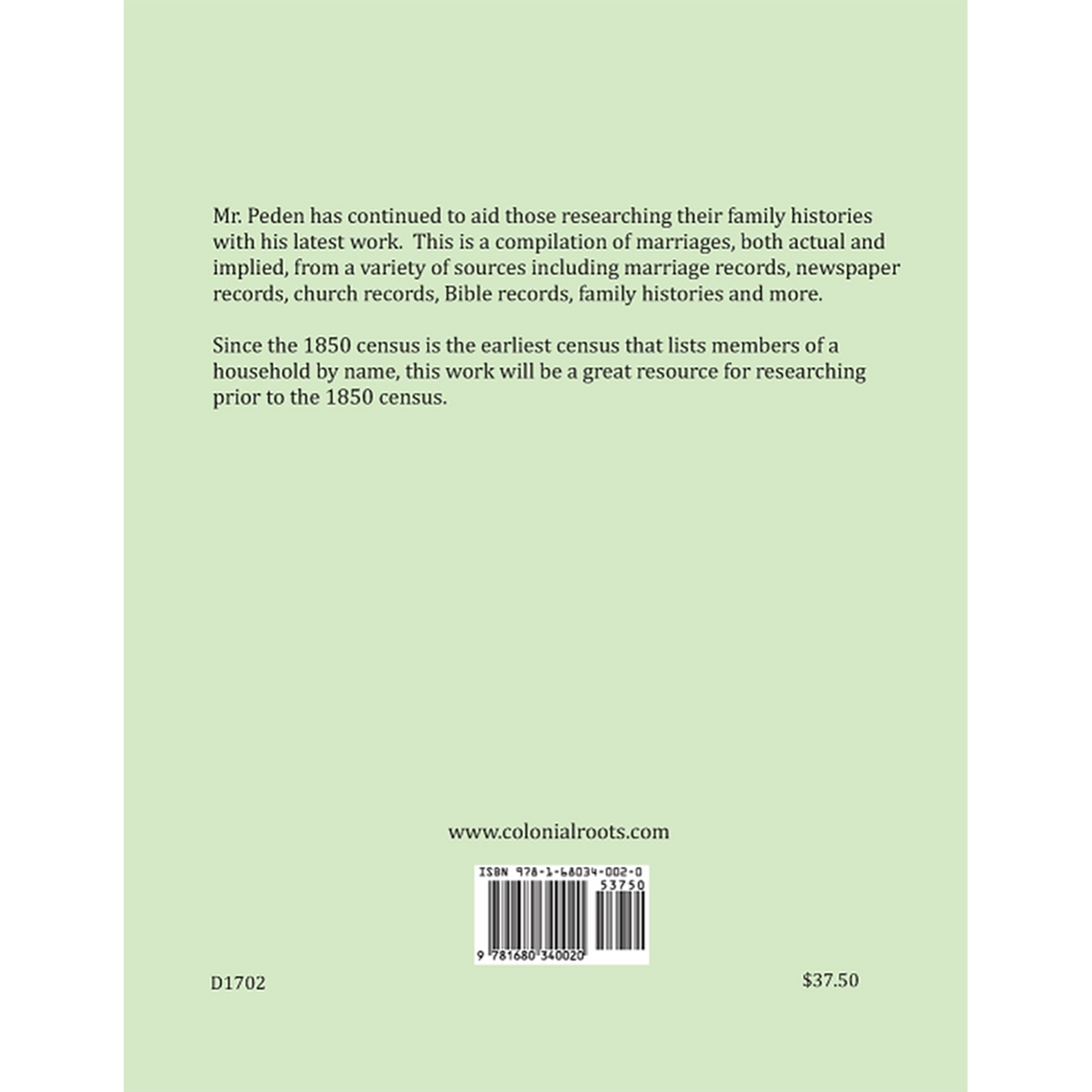 Harford County, Maryland Marriage References and Family Relationships, 1825-1850 back cover