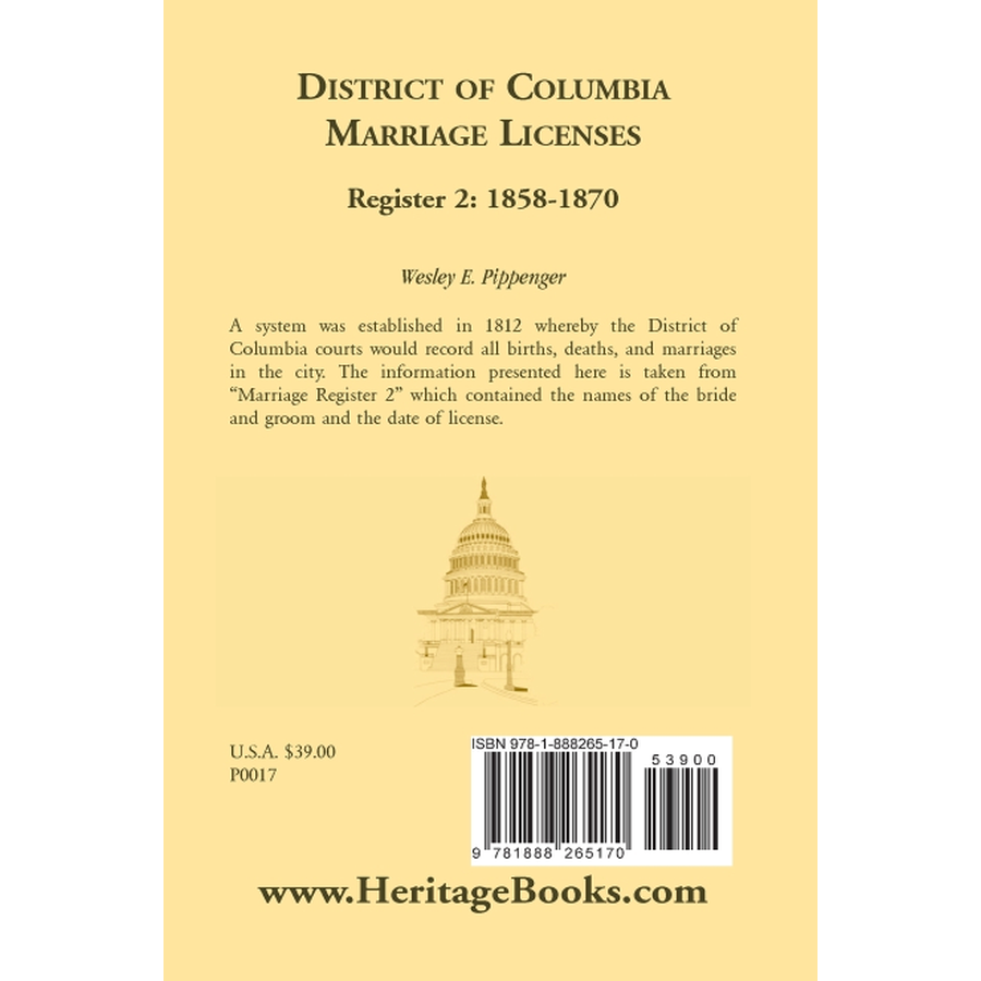 District of Columbia Marriage Licenses, Register 2 1858-1870 back cover