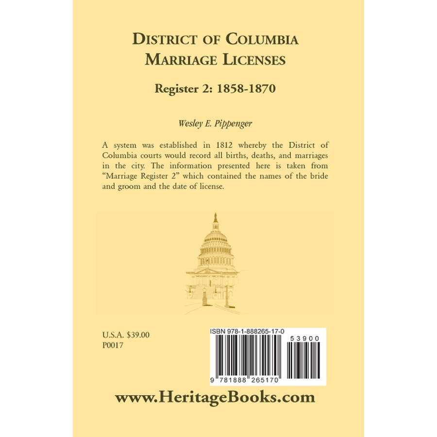 back cover of District of Columbia Marriage Licenses, Register 2 1858-1870
