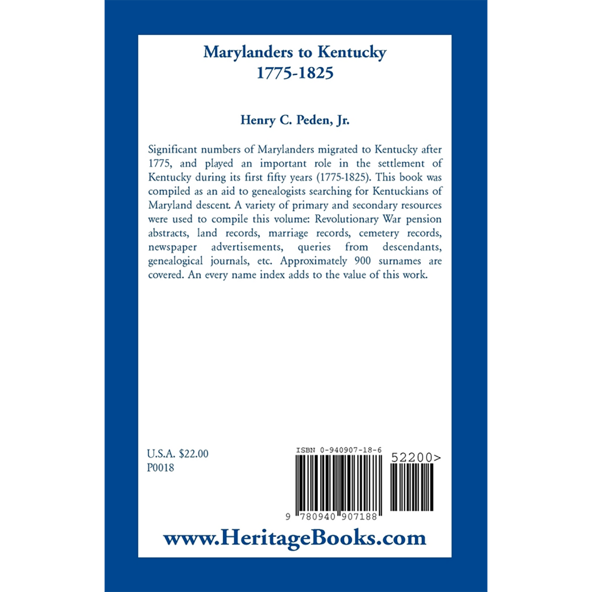 Marylanders to Kentucky, 1775-1825 back cover