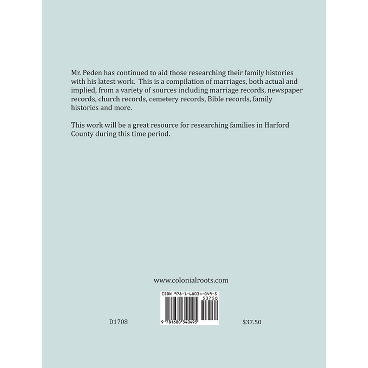 Harford County, Maryland Marriage References and Family Relationships, 1851-1860 back cover