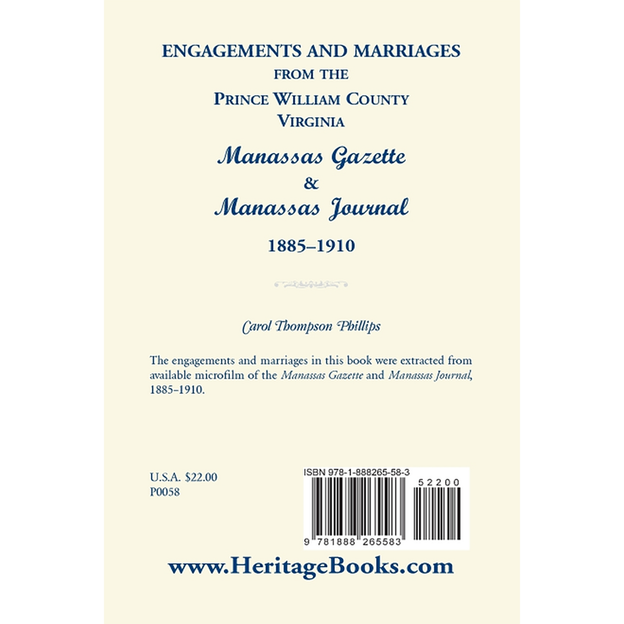 Engagements and Marriages from the Prince William County, Virginia Manassas Gazette and Manassas Journal, 1885-1910 back cover