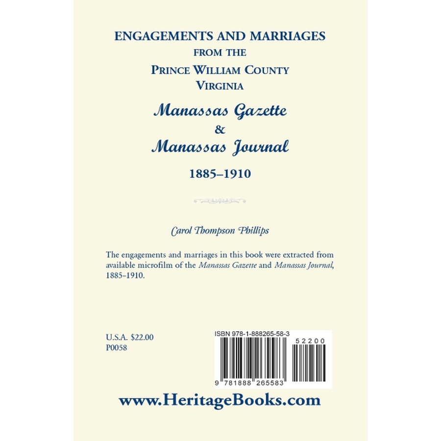 back cover of Engagements and Marriages from the Prince William County, Virginia Manassas Gazette and Manassas Journal, 1885-1910