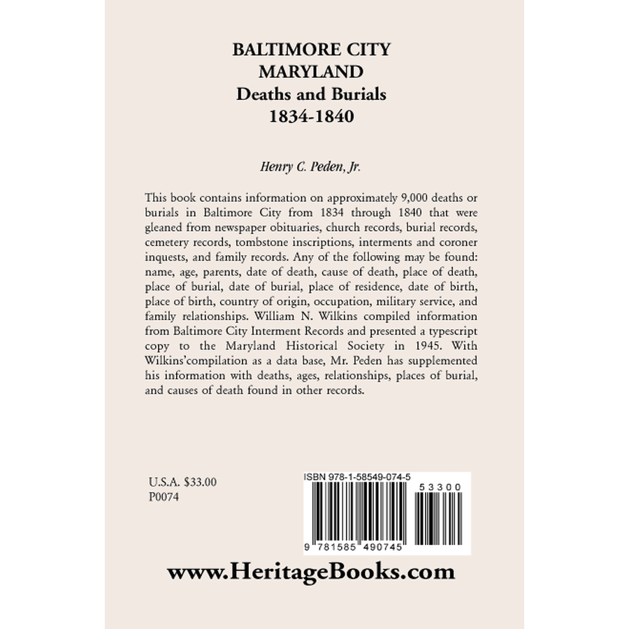 back cover of Baltimore City [Maryland] Deaths and Burials, 1834-1840