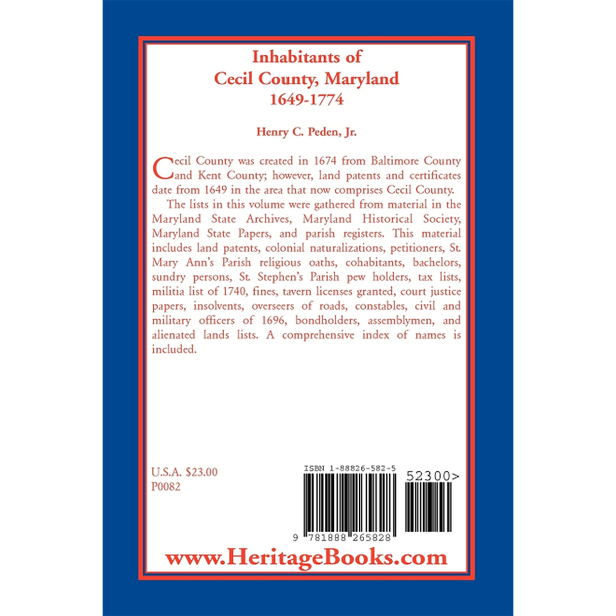 Inhabitants of Cecil County, Maryland 1649-1774 back cover