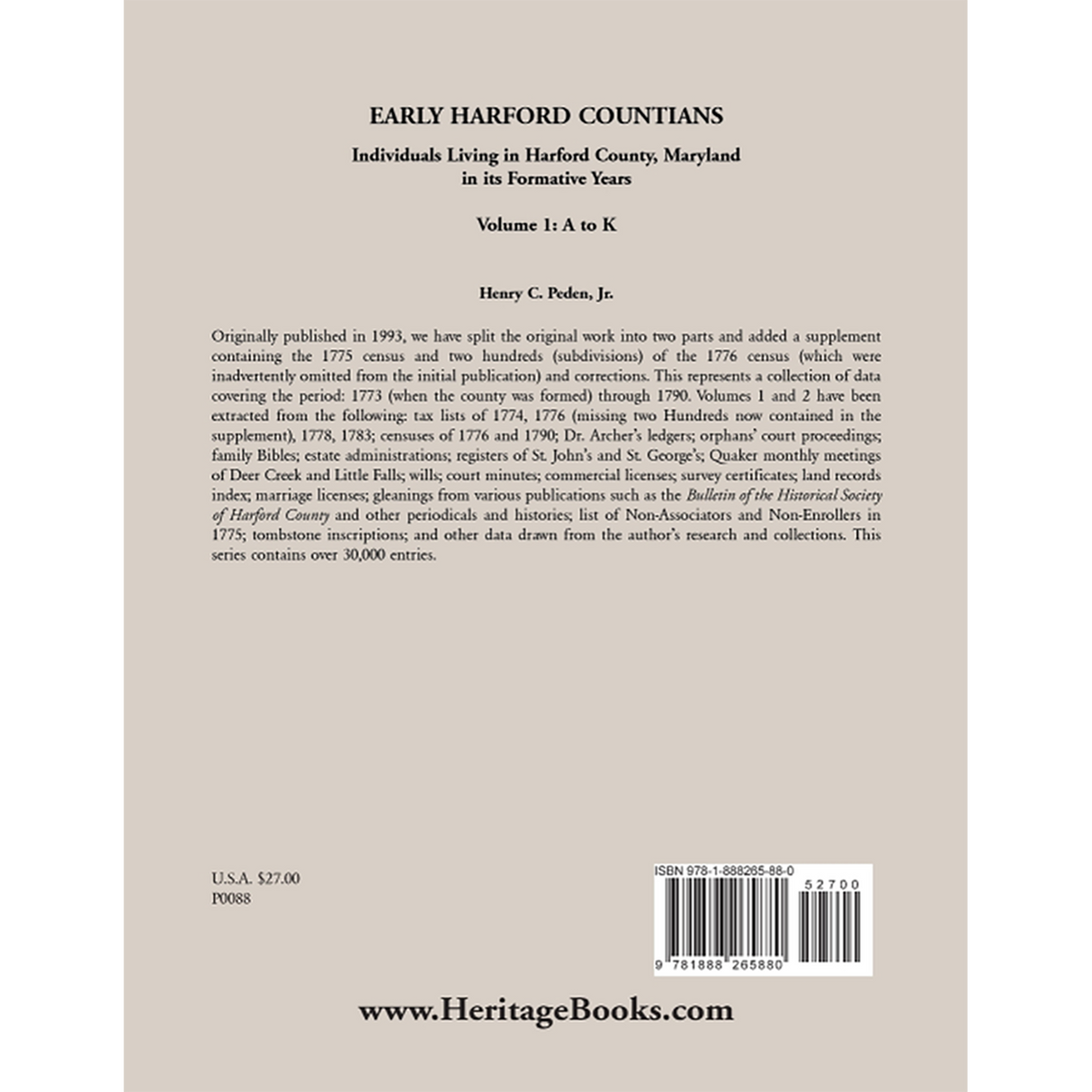 Early Harford Countians Volume 1: A to K, Individuals Living in Harford County, Maryland, in Its Formative Years back cover