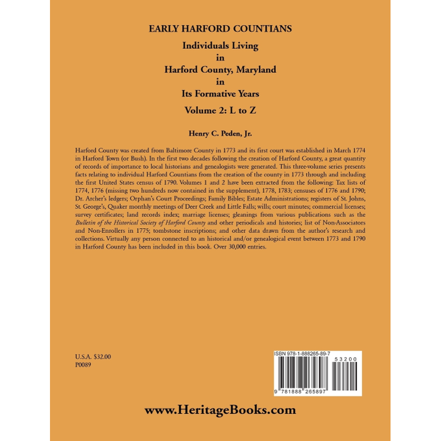Early Harford Countians Volume 2: L to Z, Individuals Living in Harford County, Maryland in its Formative Years back cover