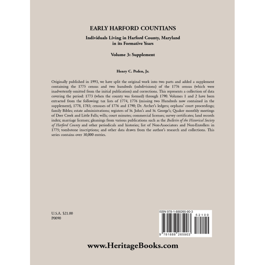 back cover of Early Harford Countians Volume 3: Supplement, Individuals Living in Harford County, Maryland in its Formative Years