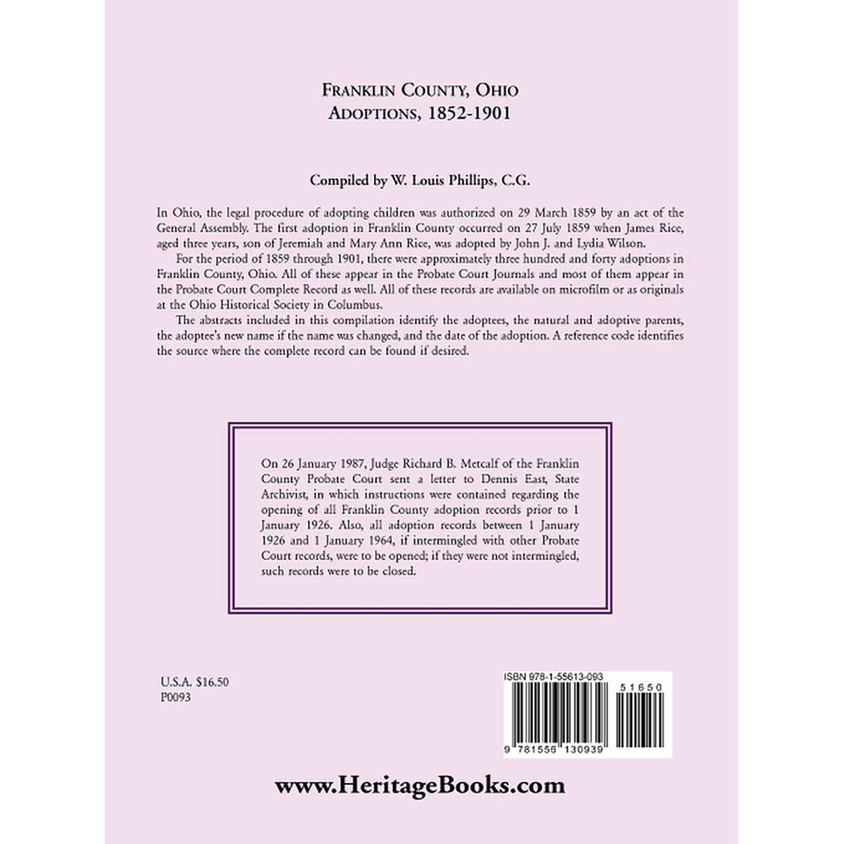 Franklin County, Ohio Adoptions, 1852-1901 back cover