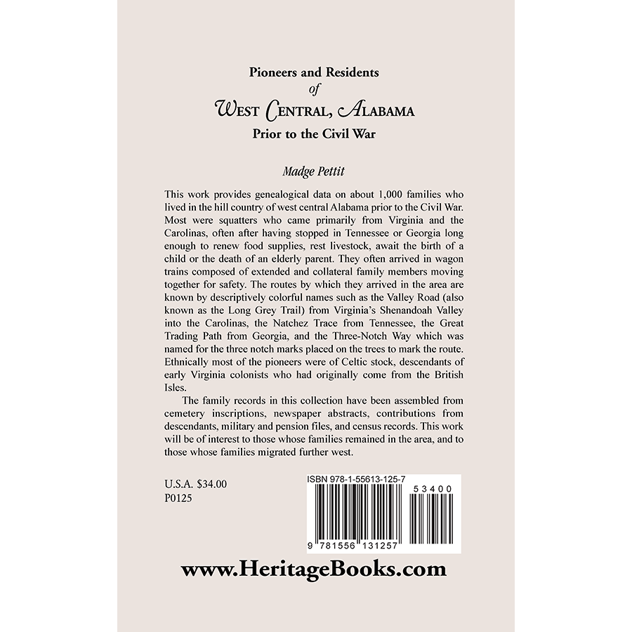 Pioneers and Residents of West Central Alabama Prior to the Civil War back cover