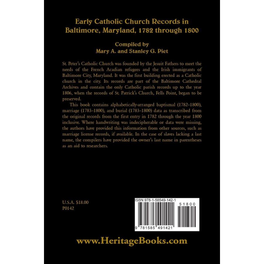 Early Catholic Church Records in Baltimore, Maryland, 1782-1800 back cover