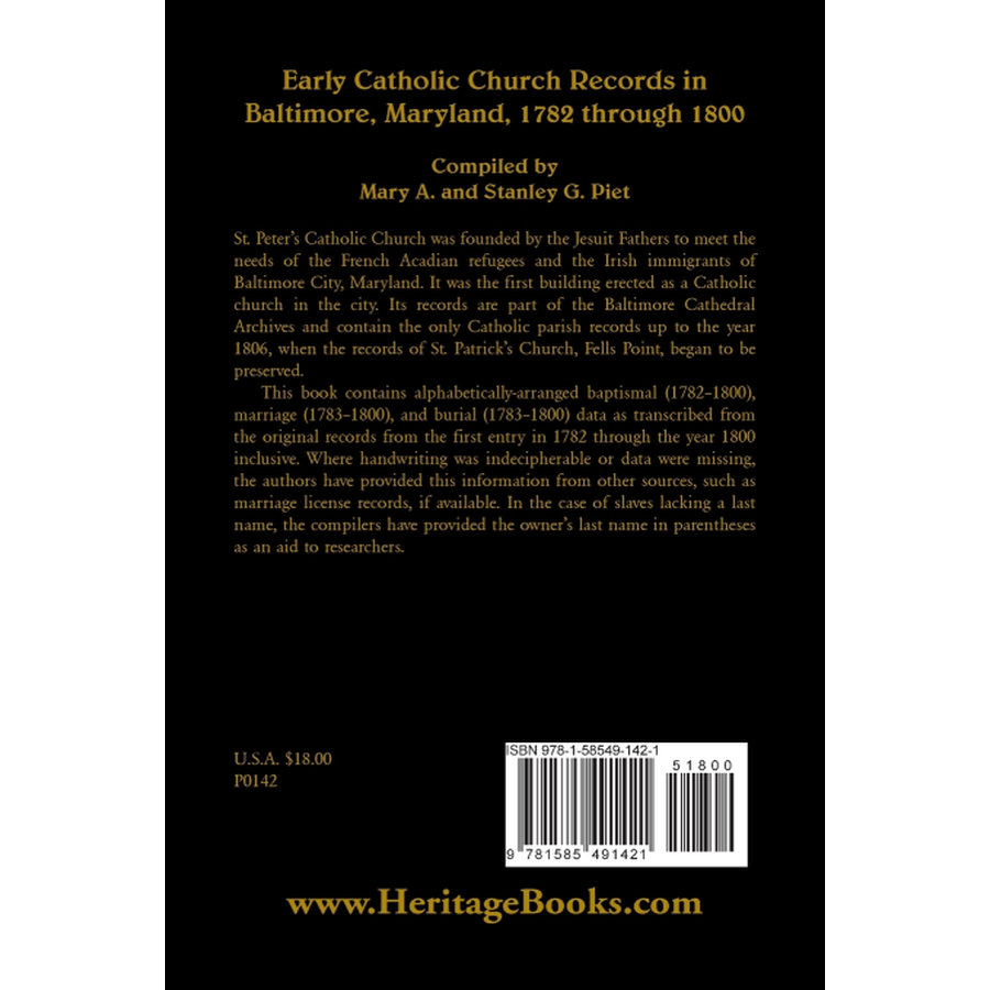 back cover of Early Catholic Church Records in Baltimore, Maryland, 1782-1800