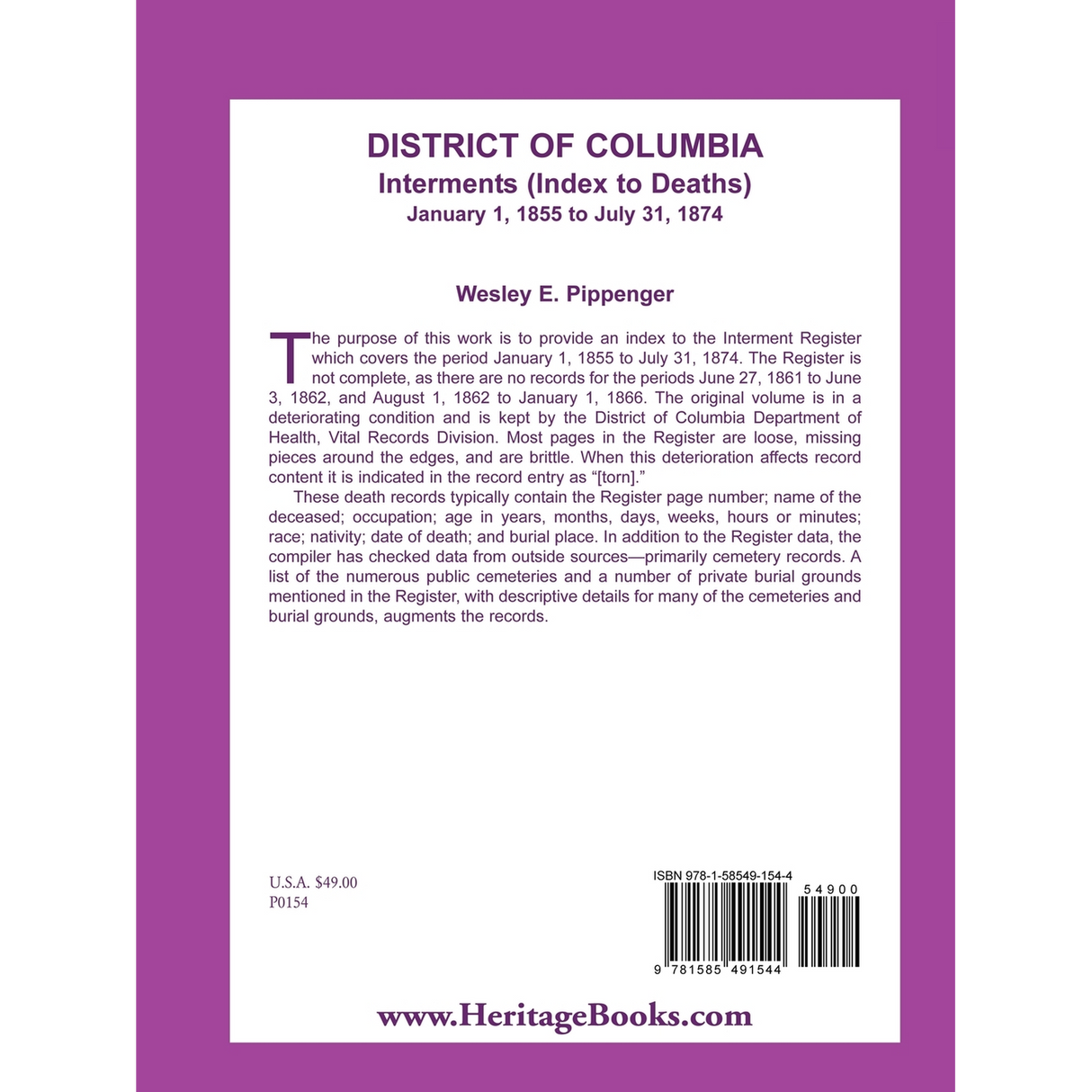 District of Columbia Interments (Index to Deaths), January 1, 1855 to July 31, 1874 back cover