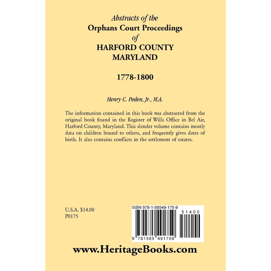 back cover of Abstracts of the Orphans Court Proceedings of Harford County, 1778-1800