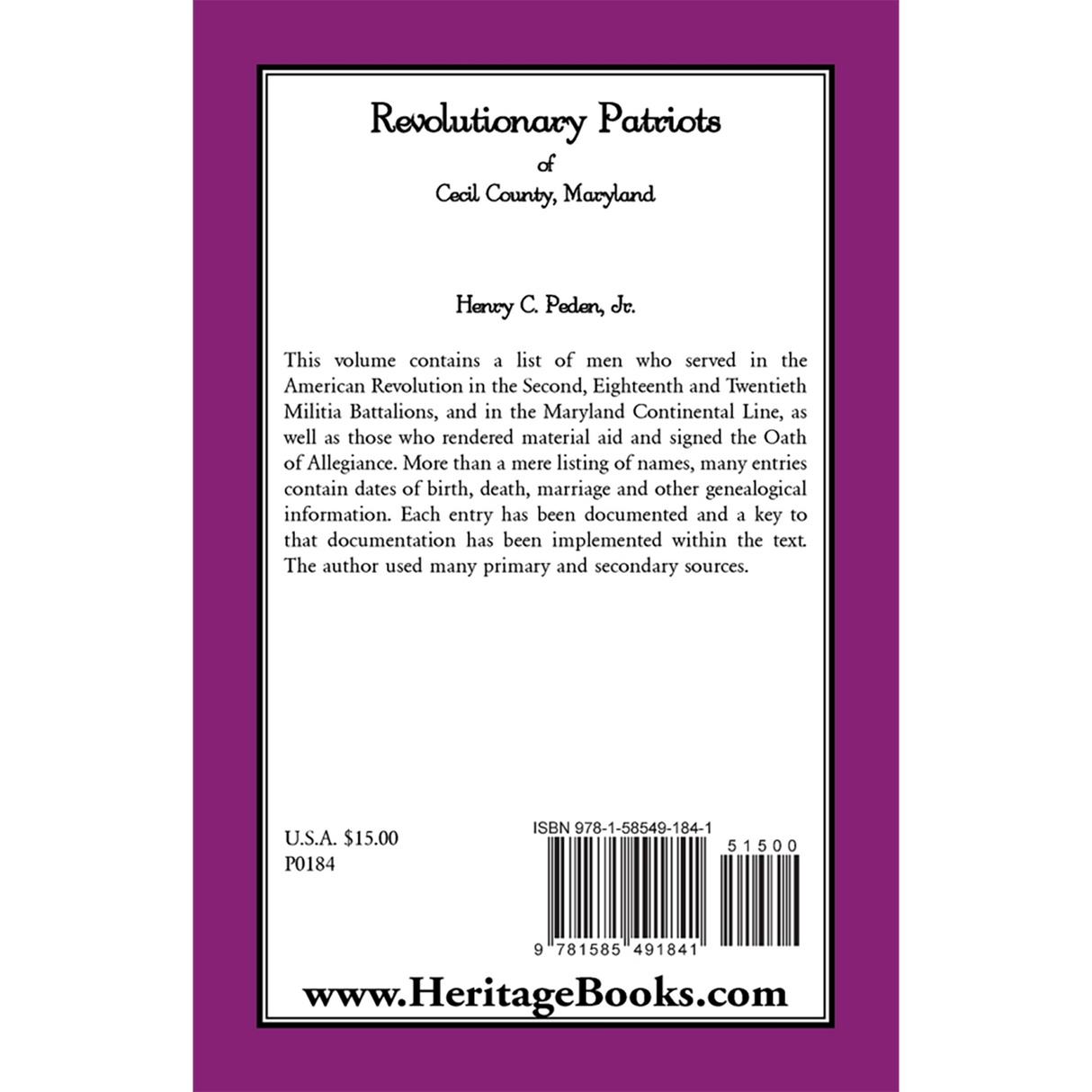 Revolutionary Patriots of Cecil County, Maryland back cover