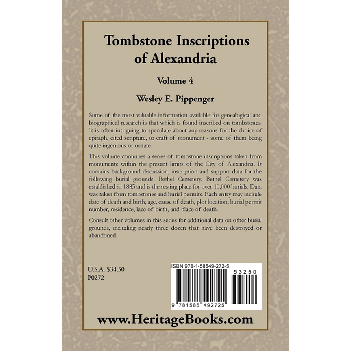 Tombstone Inscriptions of Alexandria, Virginia, Volume 4 back cover