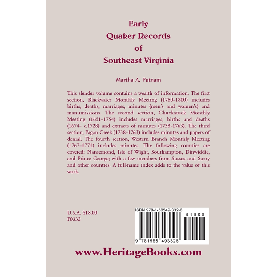 Early Quaker Records of Southeast Virginia back cover