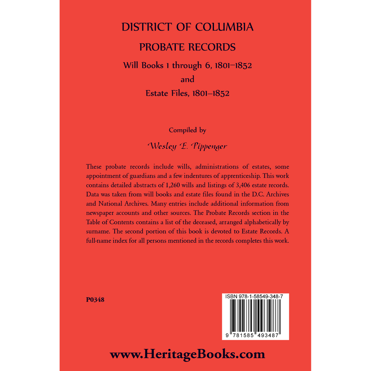 District of Columbia Probate Records, Will Books 1 through 6, 1801-1852 and Estate Files, 1801 -1852 back cover