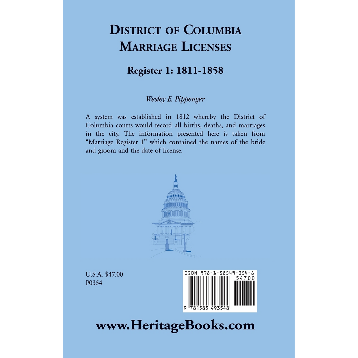 District of Columbia Marriage Licenses, Register 1 1811-1858 back cover