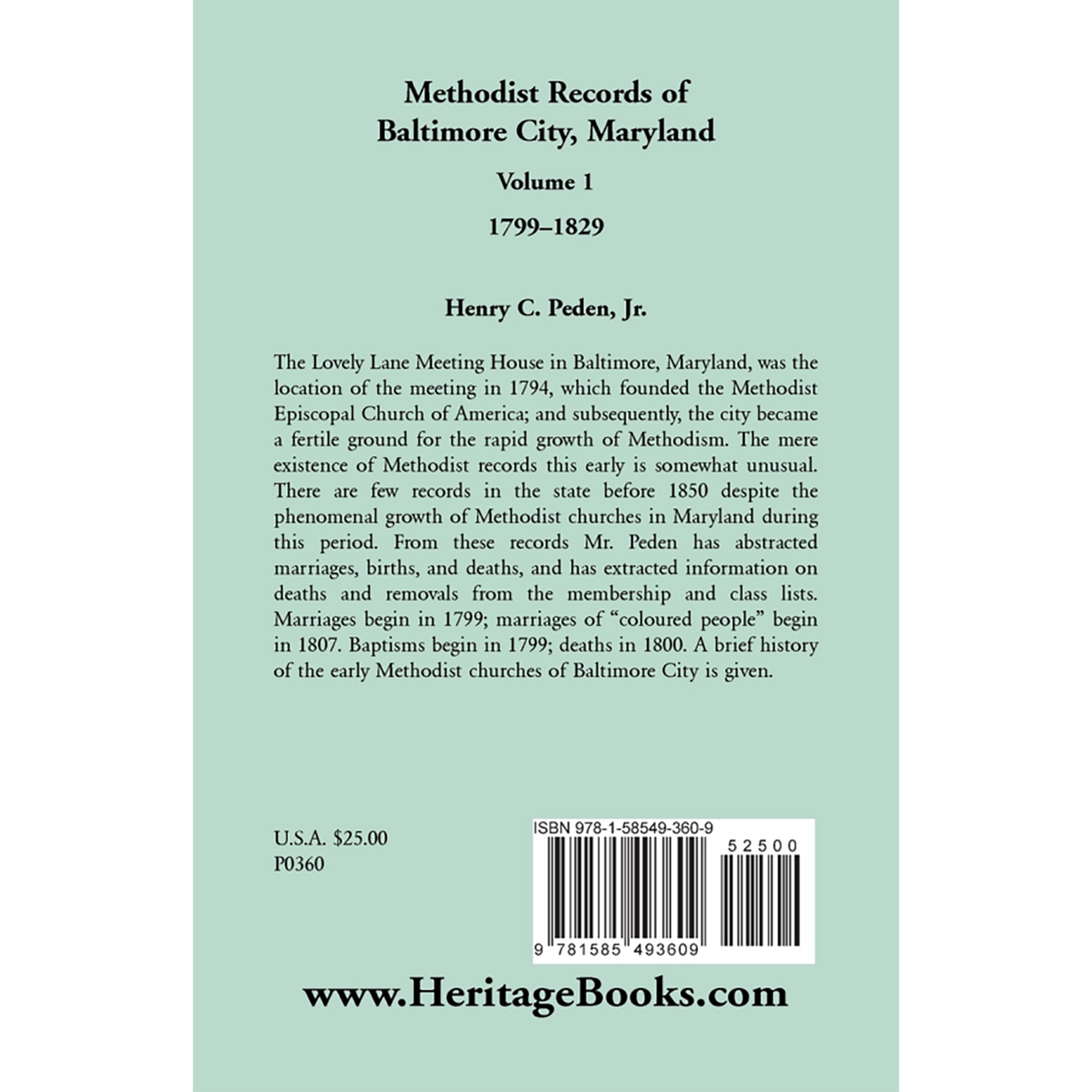 Methodist Records of Baltimore City, Maryland, Volume 1, 1799-1829 back cover