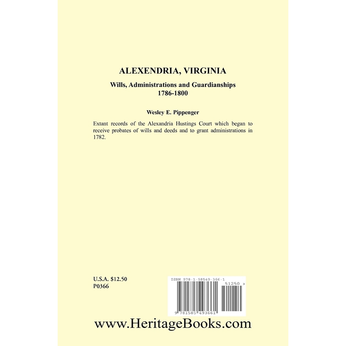 Alexandria, Virginia Wills, Administrations and Guardianships, 1786-1800 back cover