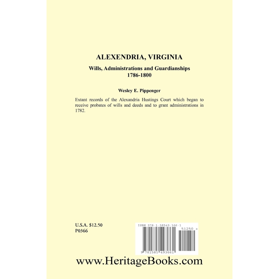back cover of Alexandria, Virginia Wills, Administrations and Guardianships, 1786-1800