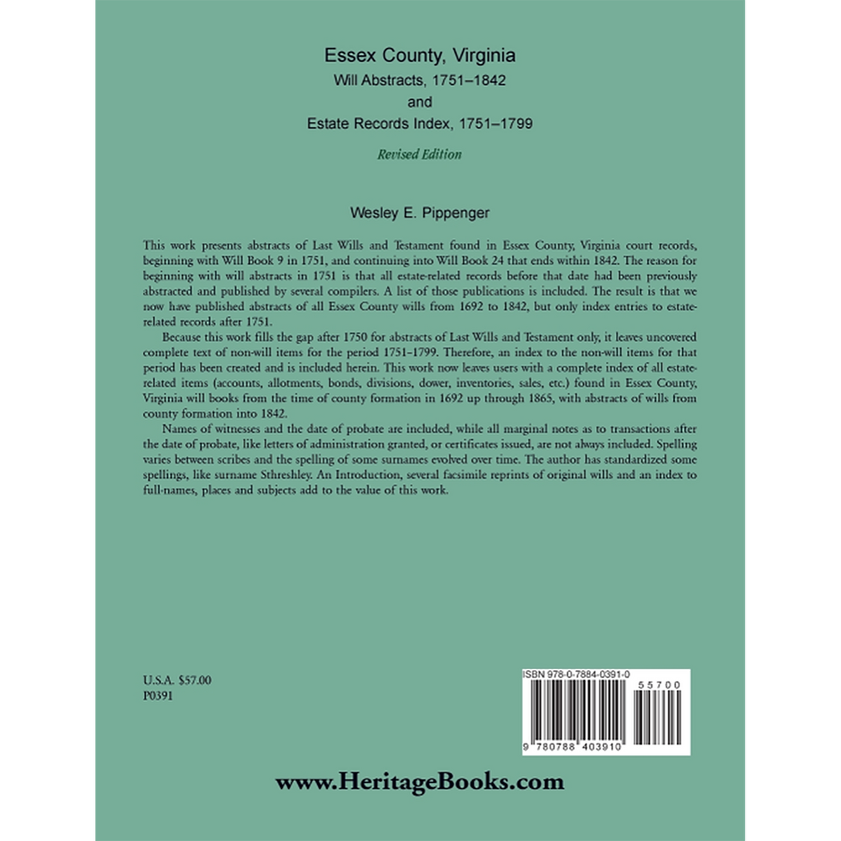 Essex County, Virginia Will Abstracts, 1751-1842 and Estate Records Index, 1751-1799 back cover