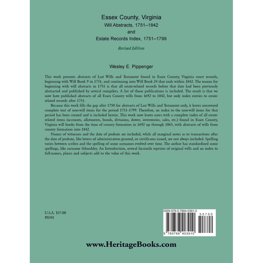 Essex County, Virginia Will Abstracts, 1751-1842 and Estate Records Index, 1751-1799 back cover