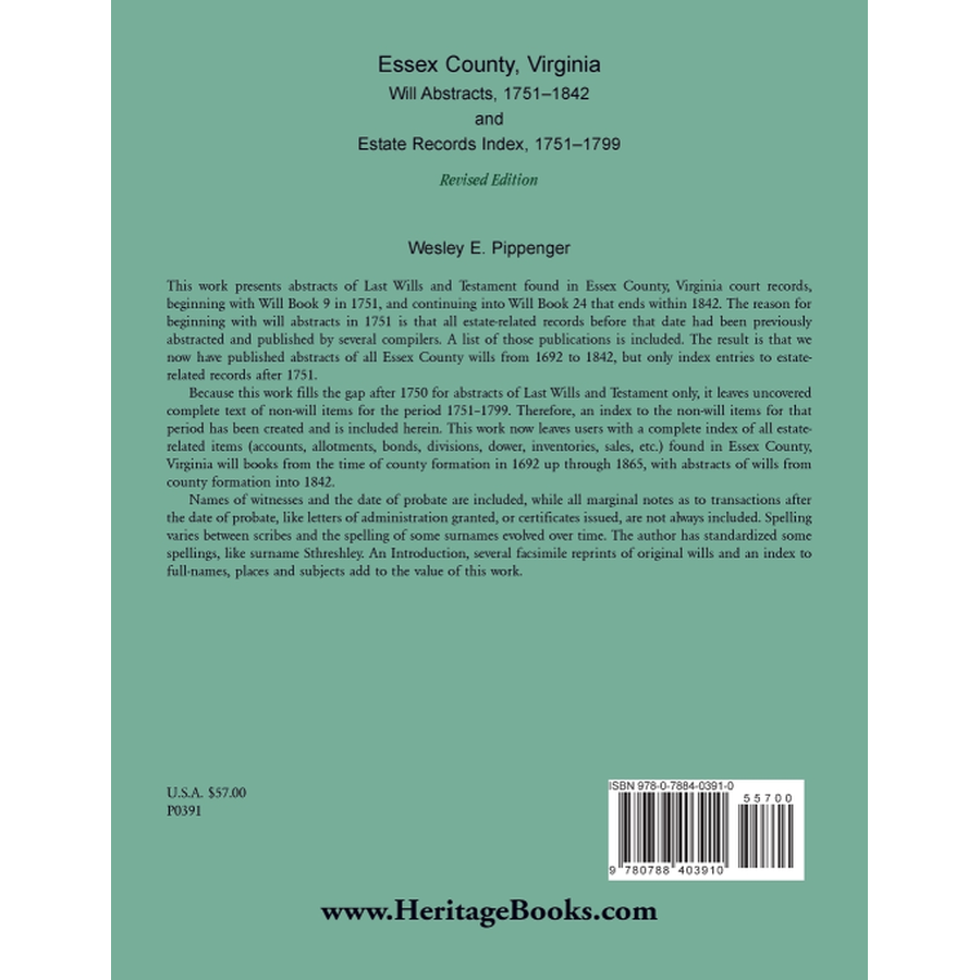 back cover of Essex County, Virginia Will Abstracts, 1751-1842 and Estate Records Index, 1751-1799