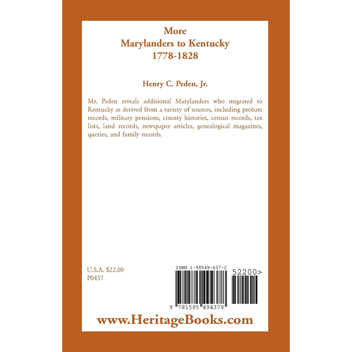 More Marylanders to Kentucky, 1778-1828 back cover