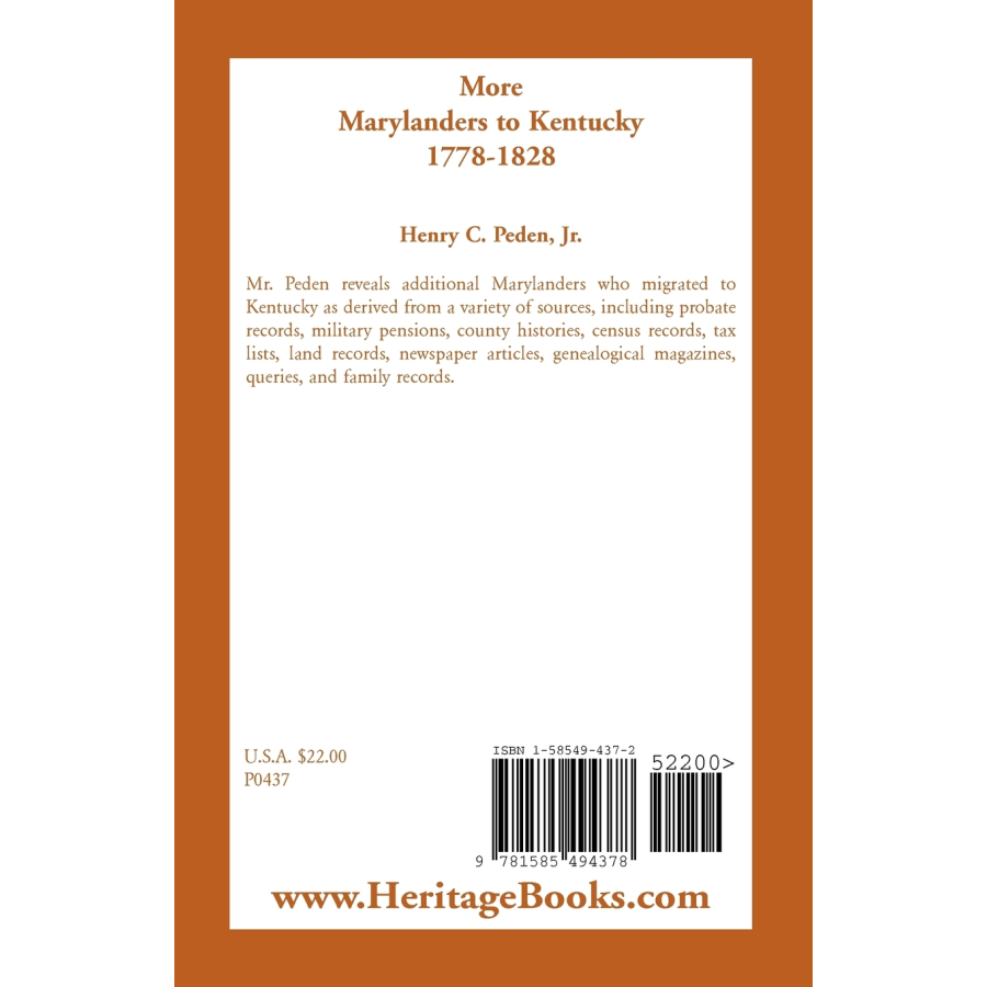 More Marylanders to Kentucky, 1778-1828 back cover