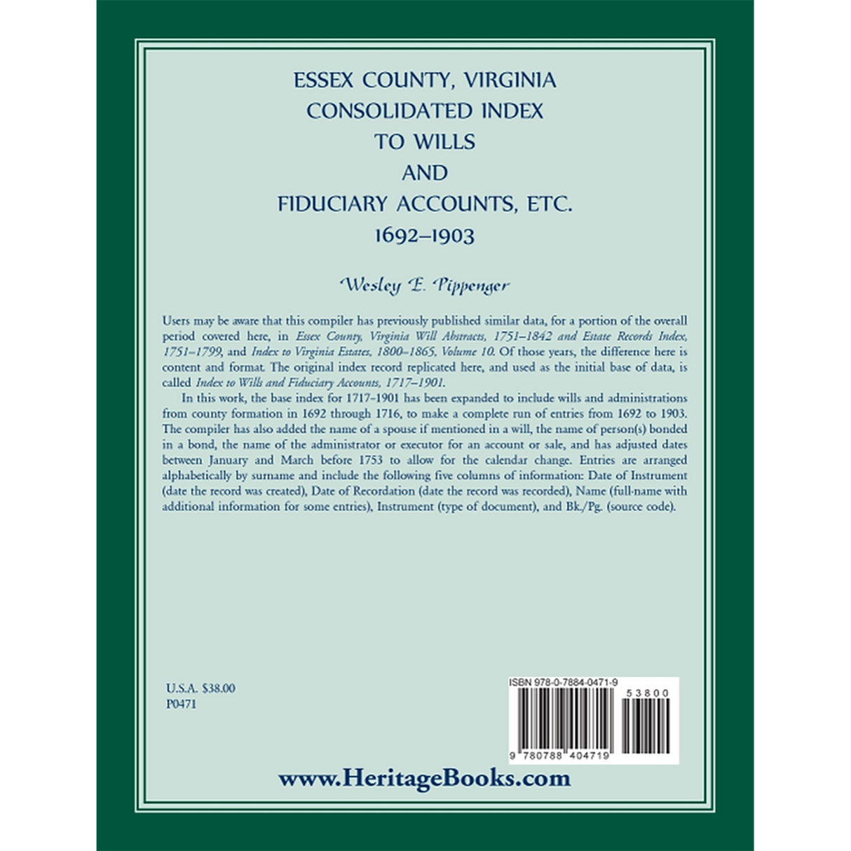 Essex County, Virginia Consolidated Index to Wills and Fiduciary Accounts, etc., 1692-1903 back cover