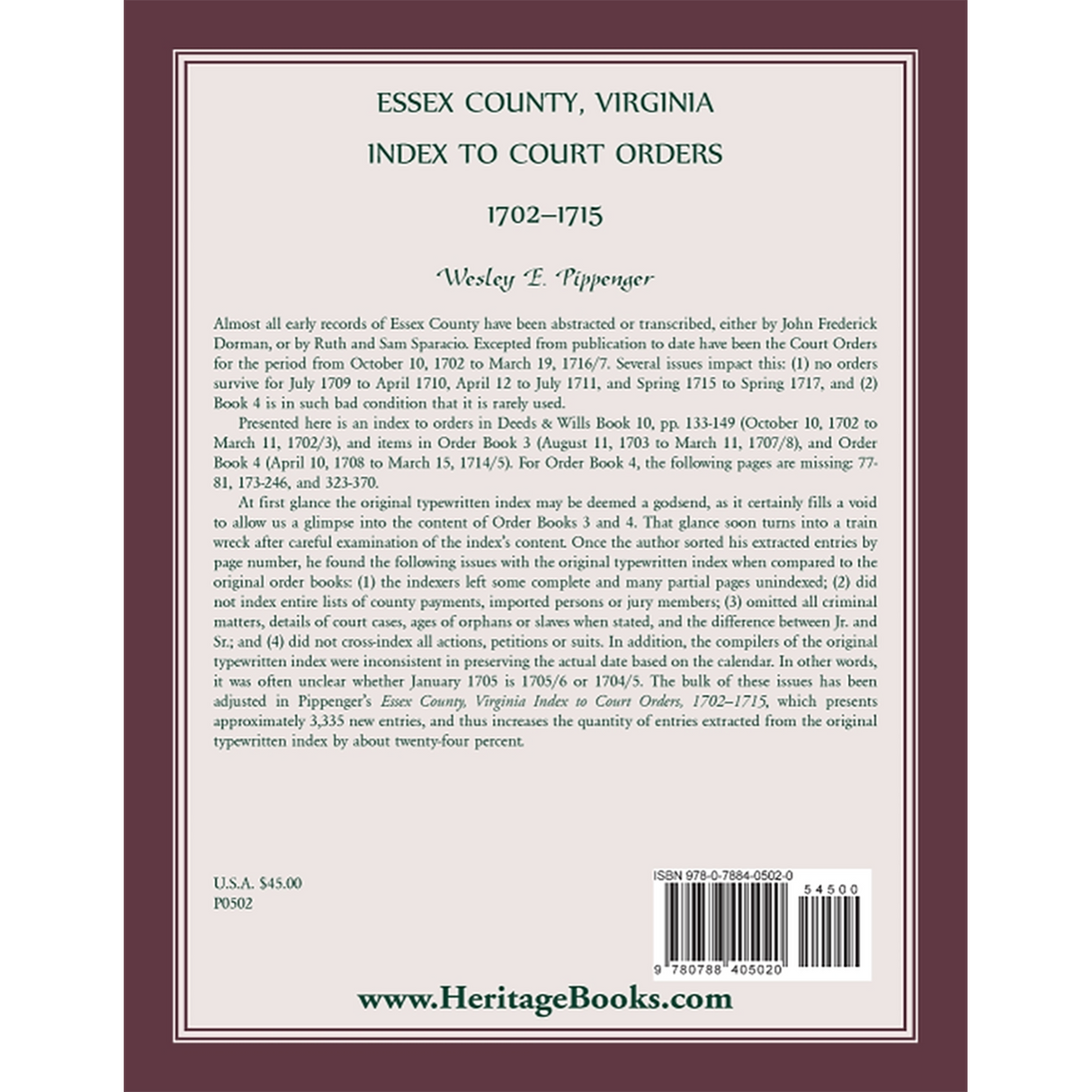 Essex County, Virginia Index to Court Orders, 1702-1715 back cover