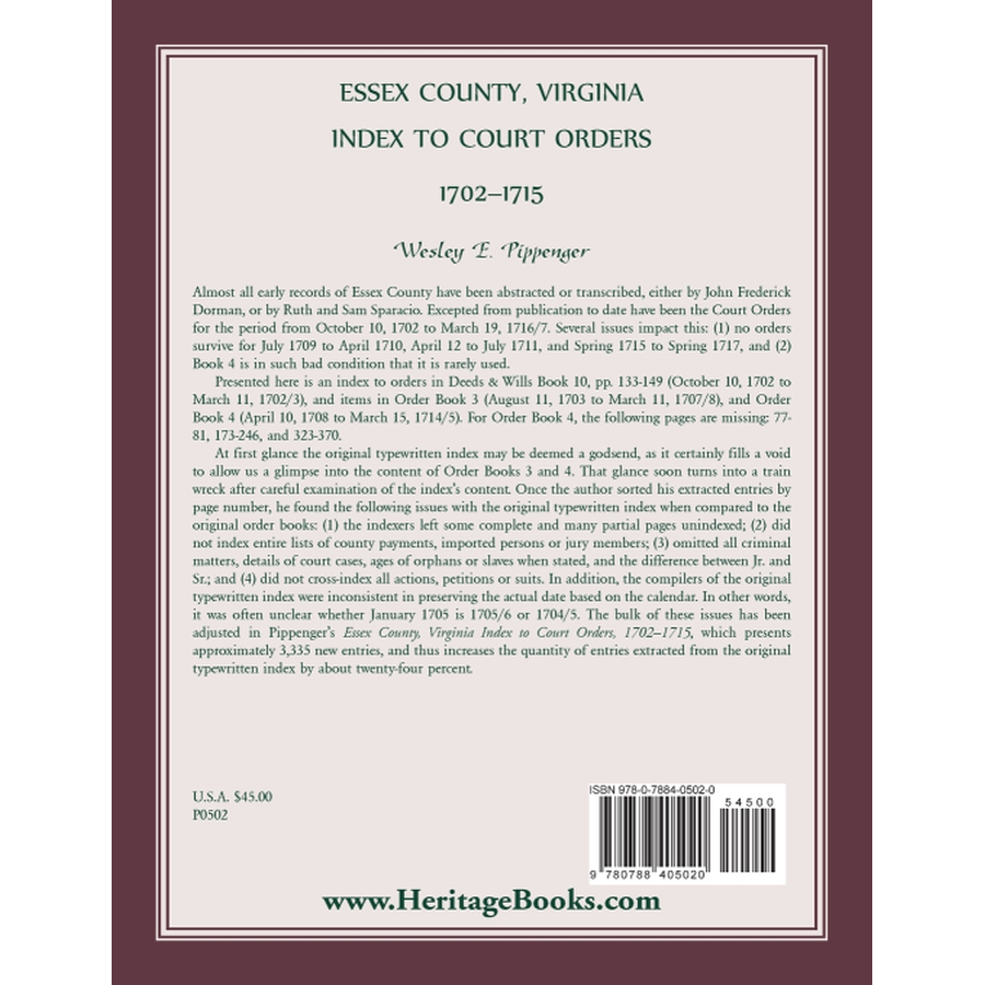 back cover of Essex County, Virginia Index to Court Orders, 1702-1715