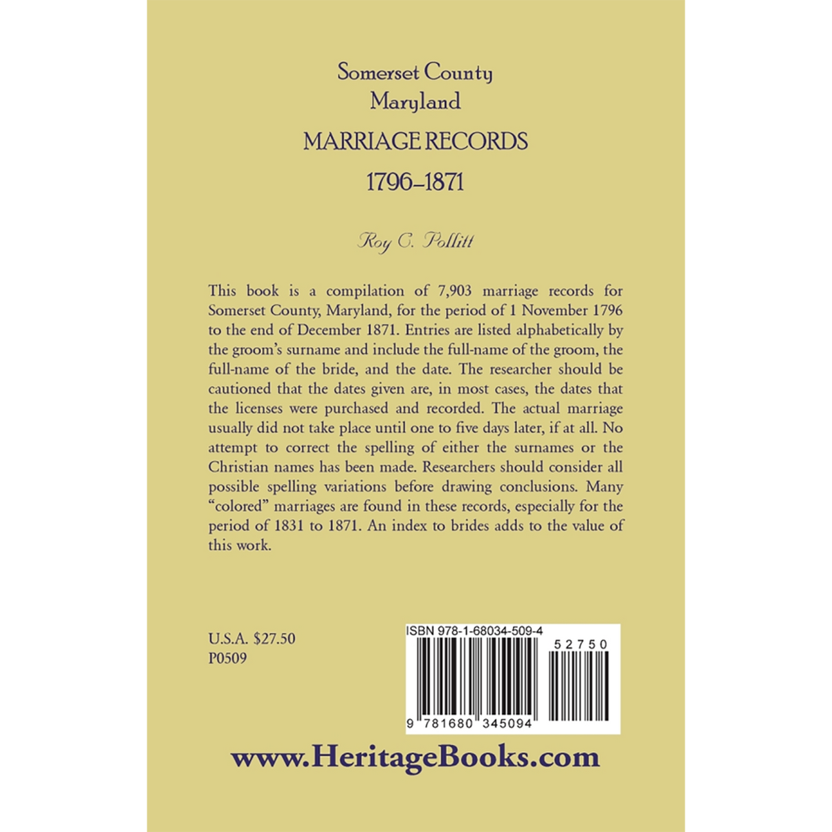 Somerset County, Maryland Marriage Records, 1796-1871 back cover