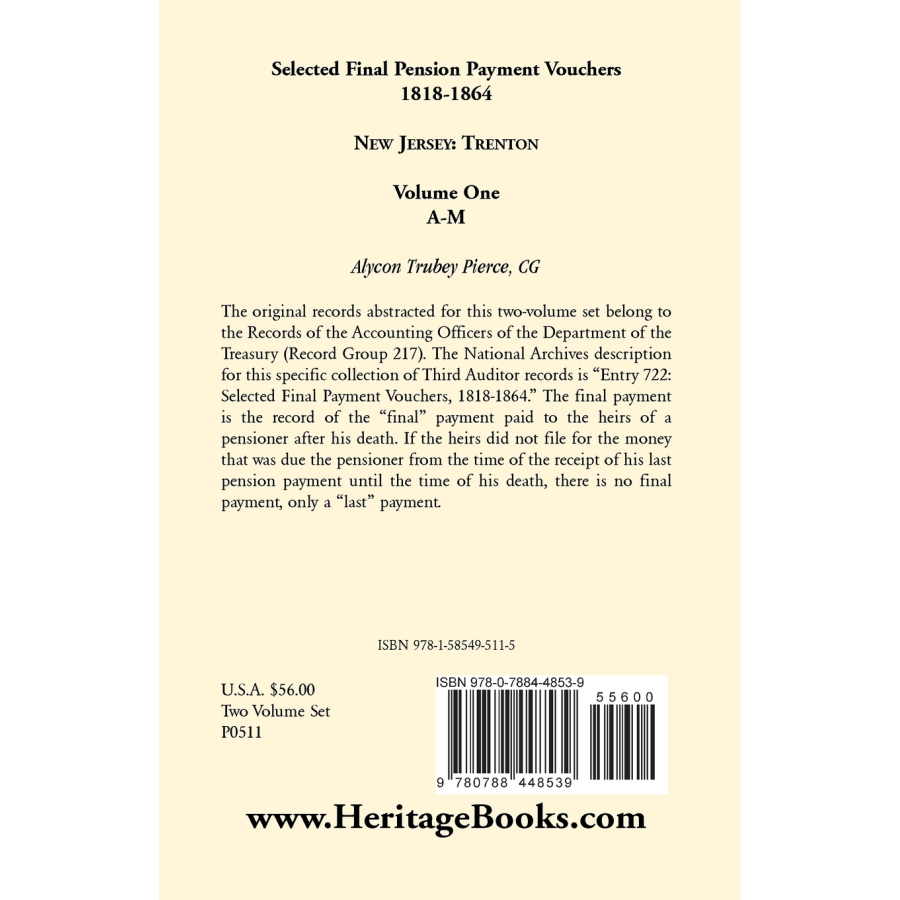 Selected Final Pension Payment Vouchers, 1818-1864: New Jersey-Trenton, Volume 1 back cover