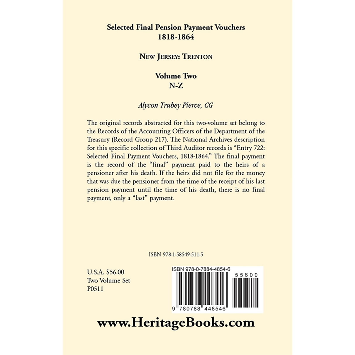 Selected Final Pension Payment Vouchers, 1818-1864: New Jersey-Trenton, Volume 2 back cover