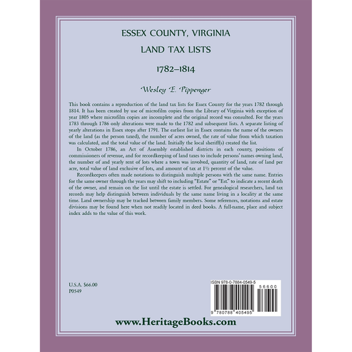 Essex County, Virginia Land Tax Lists, 1782-1814 back cover