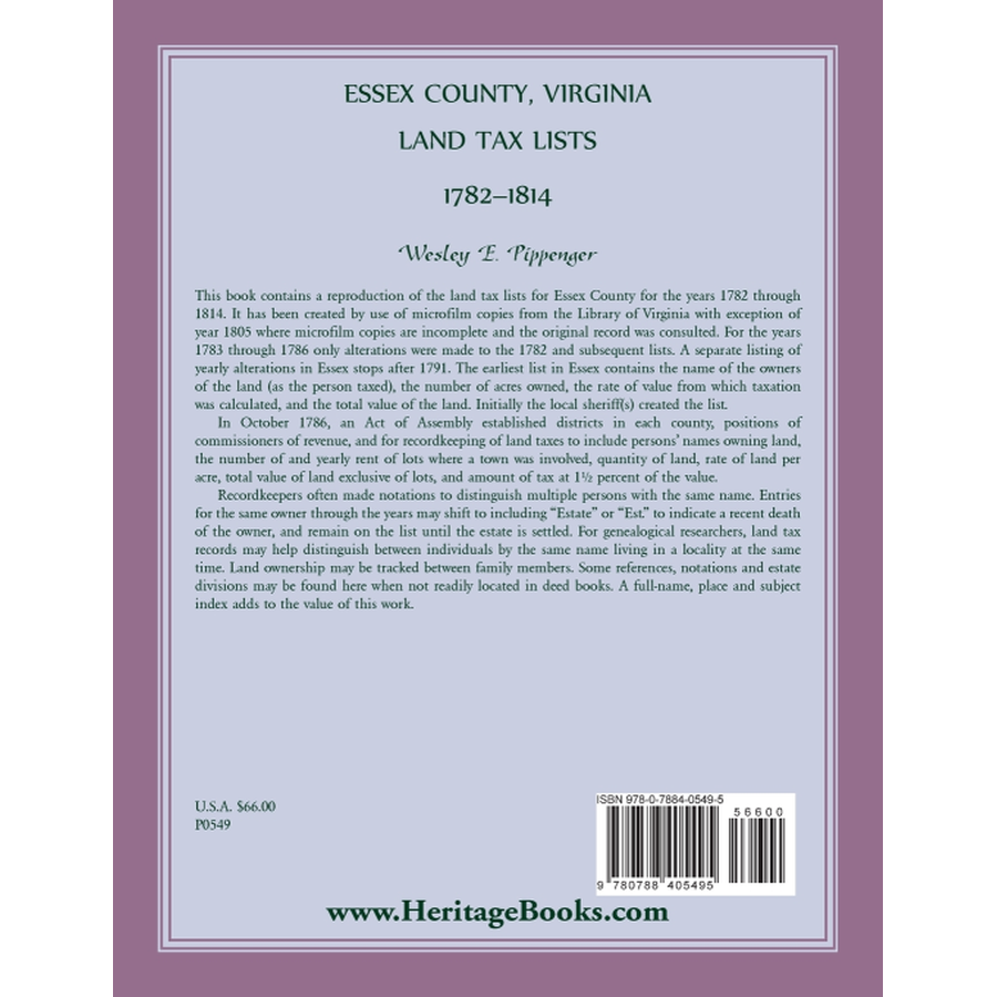 back cover of Essex County, Virginia Land Tax Lists, 1782-1814