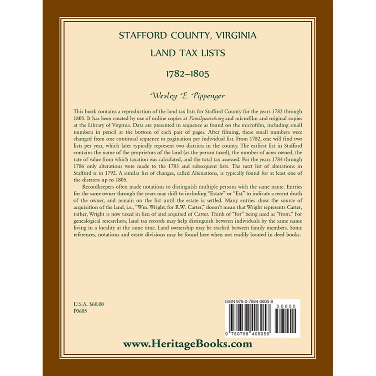 Stafford County, Virginia Land Tax Lists, 1782-1805 back cover