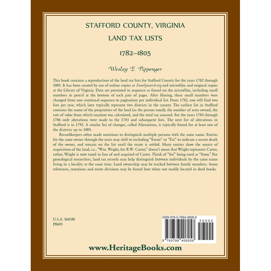 back cover of Stafford County, Virginia Land Tax Lists, 1782-1805