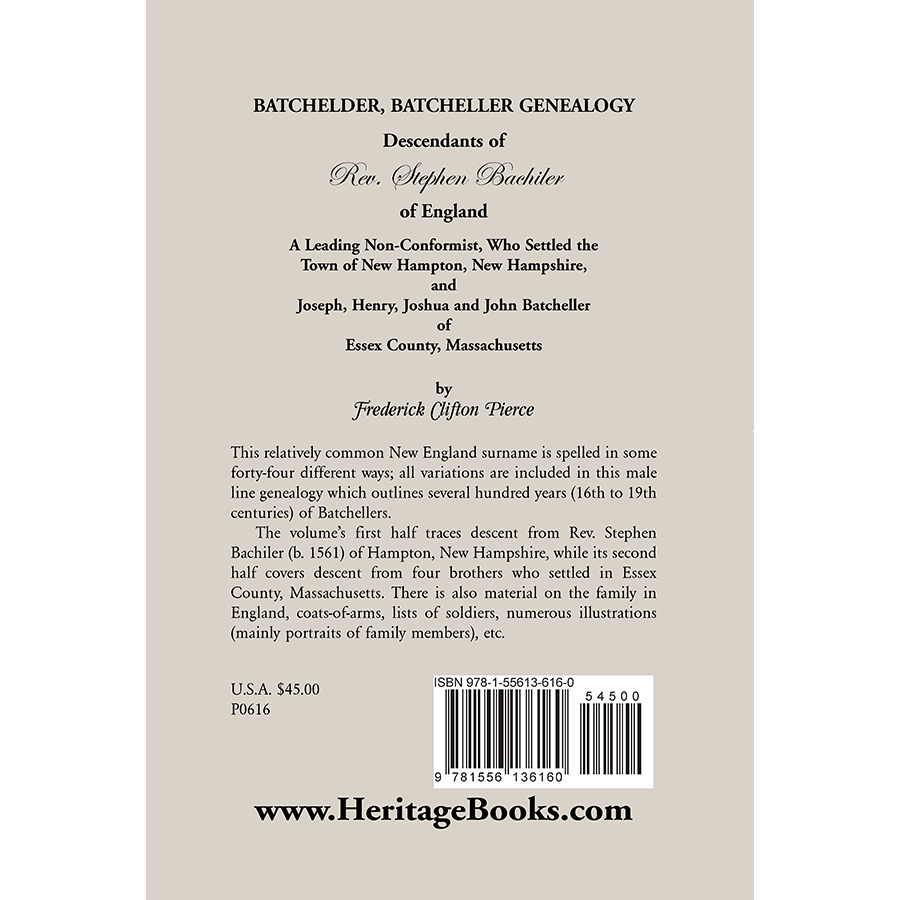 Batchelder, Batcheller Genealogy: Descendants of Rev. Stephen Bachiler of England back cover