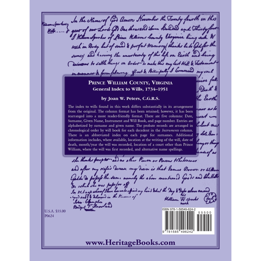 Prince William County, Virginia General Index to Wills, 1734-1951 back cover