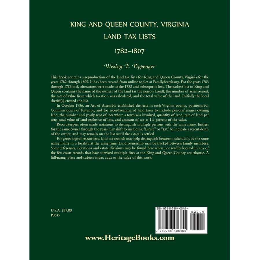 back cover of King and Queen County, Virginia Land Tax Lists, 1782-1807