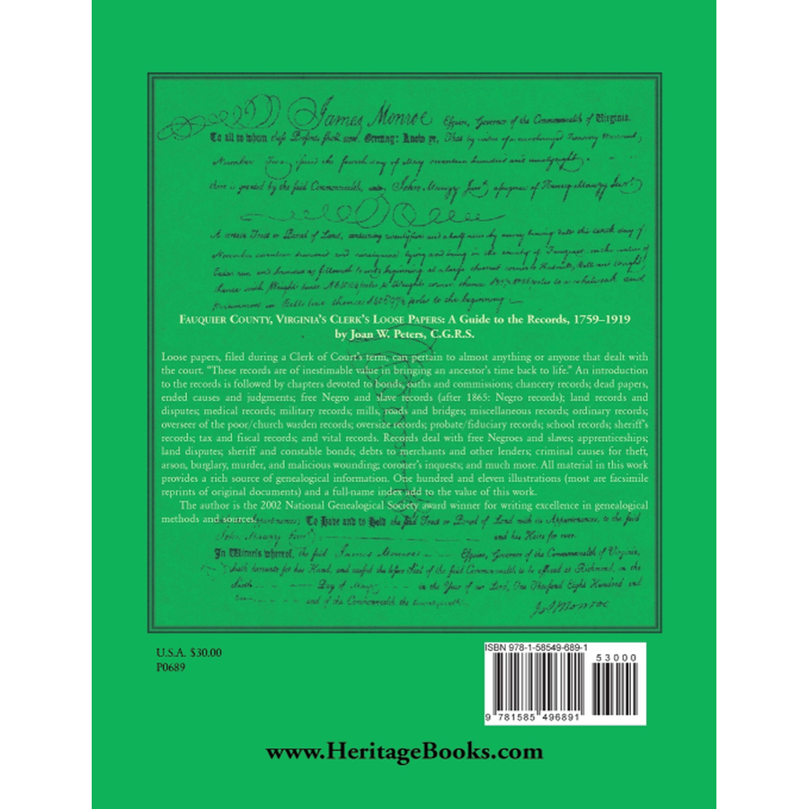 Fauquier County, Virginia's Clerk's Loose Papers: A Guide to the Records, 1759-1919 back cover