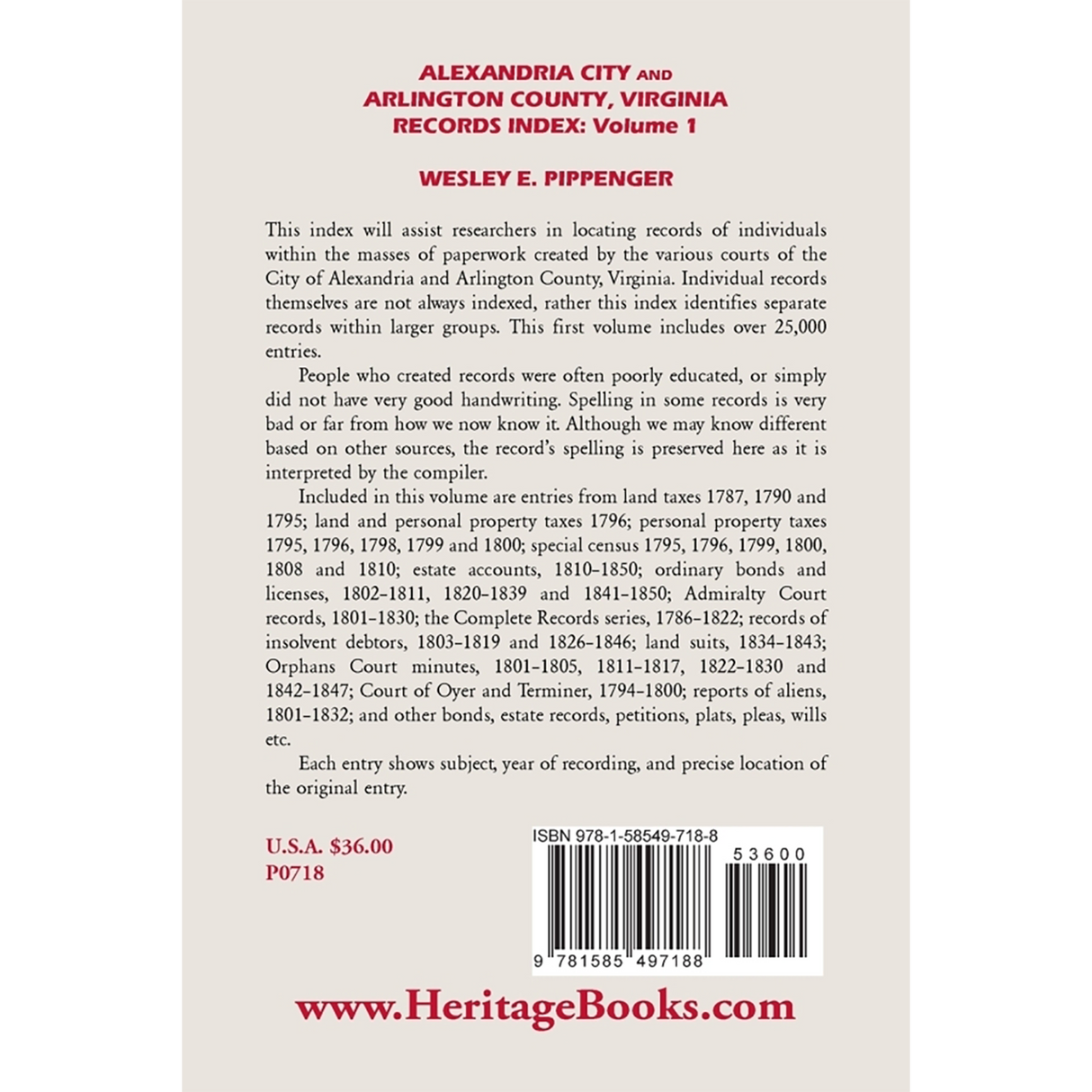 Alexandria City and Arlington County, Virginia, Records Index: Volume 1 back cover