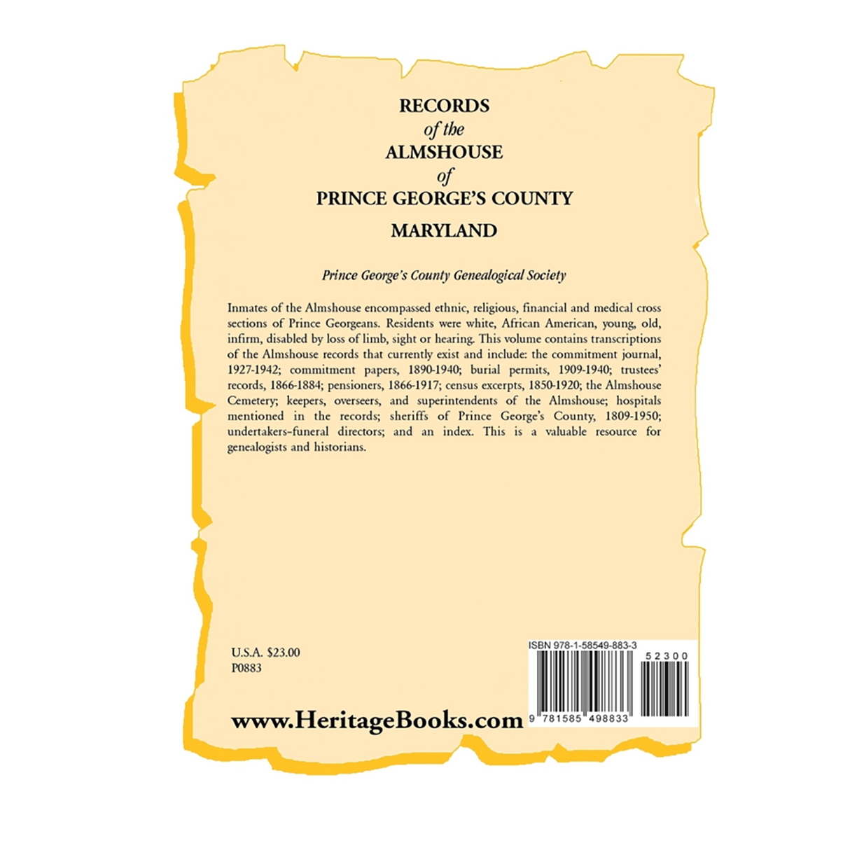 Records of the Almshouse of Prince George's County, Maryland back cover