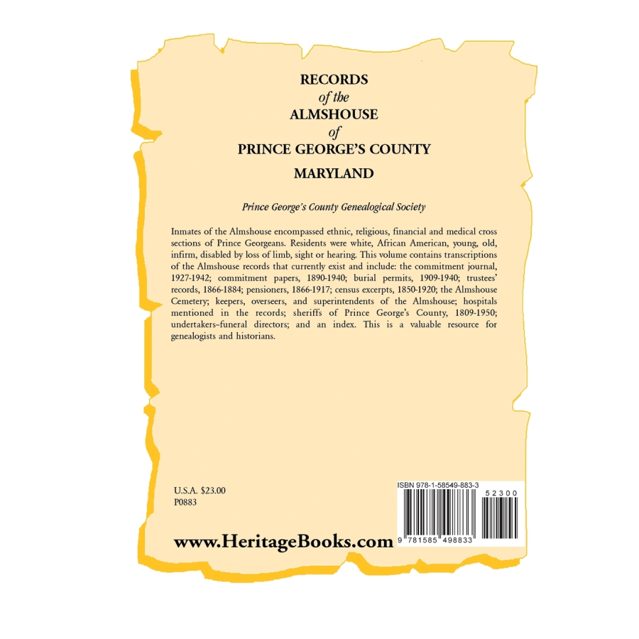Records of the Almshouse of Prince George's County, Maryland back cover